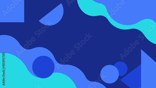 Abstract Blue And Teal Geometric Shapes With Wavy Overlay On A Dark Blue Background