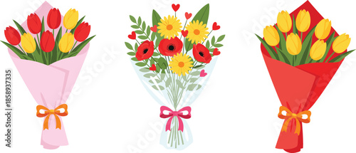 Set of colorful flower bouquets vector illustrations with tulips, daisies, and poppies wrapped in paper, romantic floral arrangements for Mother's Day and spring.