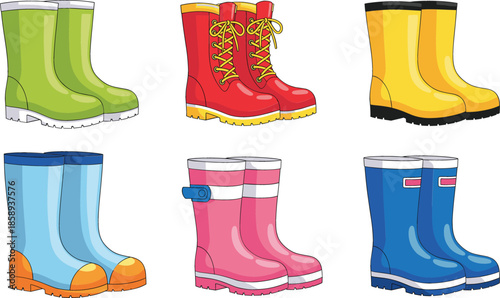  Set of colorful rubber boots vector illustrations, waterproof rain footwear collection for gardening and autumn weather, protective wellies for outdoor activities and children.