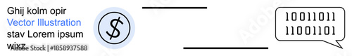 Digital transactions, coding, communication, cryptocurrency, fintech, programming interface. Currency icon next to speech bubble with binary code. Digital transactions and coding visualization