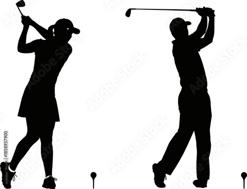 Silhouette illustration of male and female golfers swinging clubs on course with tee markers, dynamic sports vector artwork for golf training, competition, fitness content