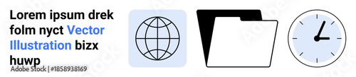 Business management, global network, time tracking, data organization, productivity, digital tools. Globe, folder and clock visuals. Business management and global network
