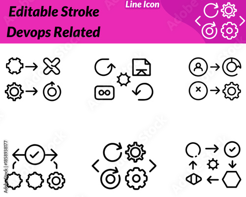 A modern DevOps icon featuring interconnected infinity loop arrows gears and cloud elements. Designed with clean minimal lines to represent continuous integration deployment automation collaboration.