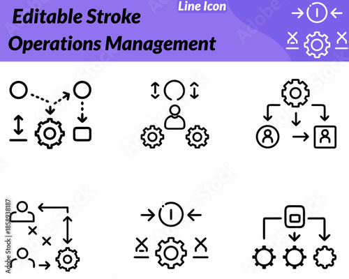 A minimalist operations management icon showing linked directional arrows and task symbols. Clean modern design represents process control workflow optimization efficiency coordination and effective.