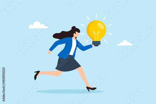 Flat illustration of businesswoman running forward while holding glowing lightbulb symbolizing new idea innovation creativity breakthrough solution and inspiration momentum