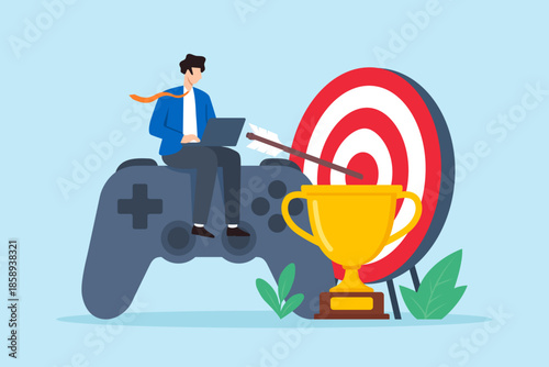 Flat illustration of businessman sitting on game controller working on laptop with trophy and target symbolizing gamification strategy achievement motivation and productivity reward system