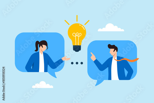 Flat illustration of business colleagues exchanging lightbulb idea through chat bubbles symbolizing communication collaboration teamwork and creative discussion process