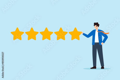 Flat illustration of businessman giving five star rating symbolizing customer satisfaction quality service excellence positive feedback and high performance evaluation