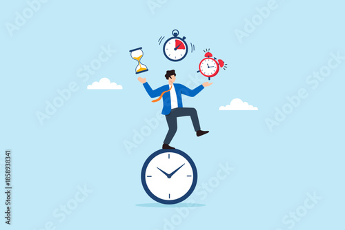 Flat illustration of businessman balancing on clock while juggling hourglass alarm and countdown timer symbolizing time management multitasking deadline pressure and productivity challenge