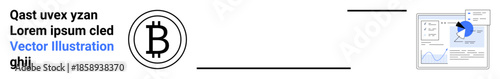 Cryptocurrency, fintech, market trends, blockchain technology, financial analysis, digital economy. Bitcoin symbol and analytics screen with data. Cryptocurrency and fintech concept