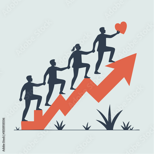 Silhouette of team climbing upward arrow together, business growth metaphor, bold clean shapes