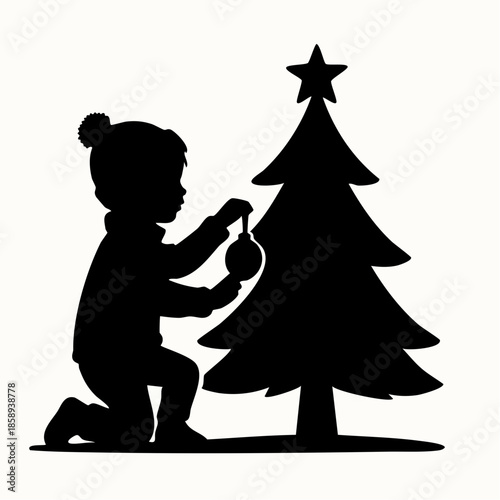 Silhouette vector of person decorating tree, cozy family winter moment