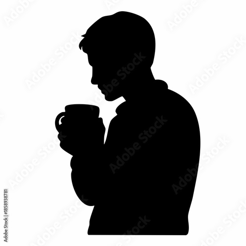 Silhouette vector of person holding warm mug close to chest, cozy emotional mood