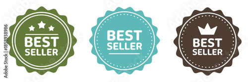 Set of Best Seller Stickers, Badges, Labels, Vector Illustration, Featuring Promotional Emblems, Sales Tags, Award Graphics