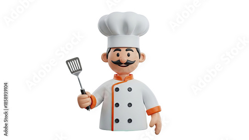 3D Cartoon Chef Character Holding a Spatula on transparent background