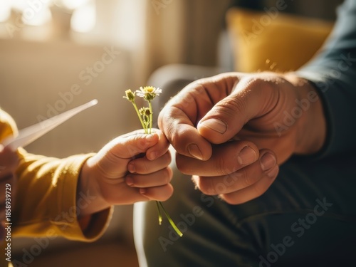 Close-up of a toddler giving a tiny white flower to father's hand. Emotional family moment with warm sunlight. Parenting, love and Father's Day concept showing tenderness and connection.