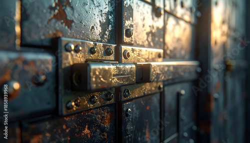 Rusty Door: An imposing, close-up shot of a weathered, rusted metal door, revealing the texture of age and the weight of history. The focus is on the intricate details of the lock.