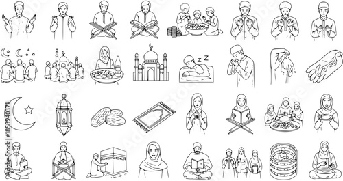 Muslim Religious and Cultural Practices Black and White Line Art Icon Set. Islamic lifestyle elements including prayer, Ramadan, Quran, mosque, Kaaba, ablution, and family scenes.