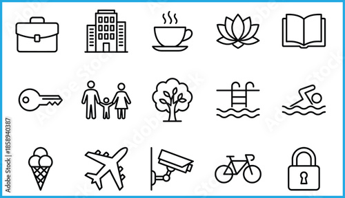 Set of 16 black line icons for lifestyle, travel, wellness, and everyday concepts, ideal for vector illustration content