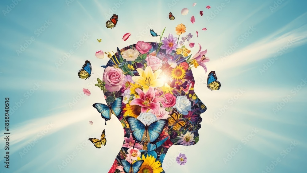 Fototapeta premium Human head silhouette blooming with colorful flowers and monarch butterflies flying out. Conceptual art representing mental health, creativity, positive thinking, and psychology. Blue sky background.