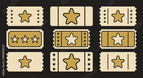 Beige Gold Star Movie Ticket Icon Collection – Rated Admit-One Vouchers on Black Background