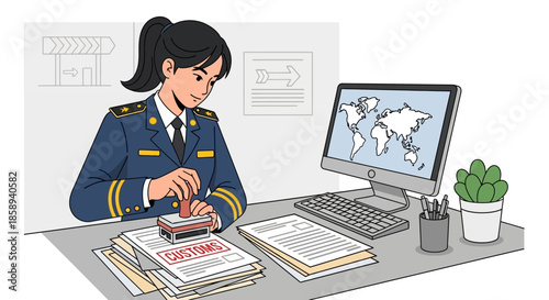 A customs officer stamps documents at a desk with a computer displaying a world map.