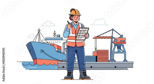 A female dockworker in a hard hat and safety vest holds a clipboard and pen at a busy shipping port with a large cargo ship and cranes.