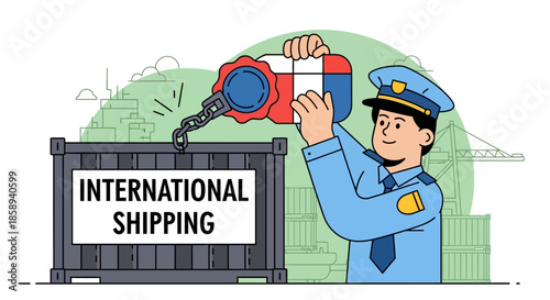 Customs officer securing an international shipping container with handcuffs, symbolizing border control and security in global trade.