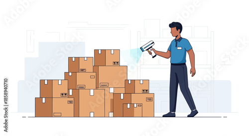 A man in a blue shirt scanning boxes with a handheld device in a warehouse setting.