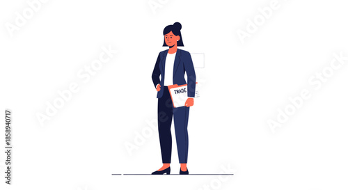 A professional businesswoman in a dark blue suit holding a document folder.