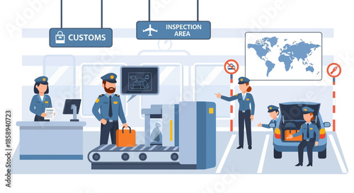 Customs officers inspecting luggage and vehicles at an international airport inspection area.