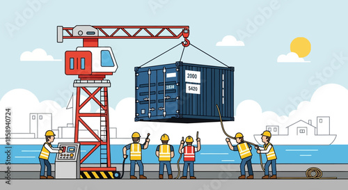 Workers operate a crane to lift a shipping container at a busy port with ships and buildings in the background under a sunny sky.
