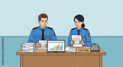 Two customs officers in uniform are sitting at a desk, reviewing documents and a laptop displaying a bar chart.