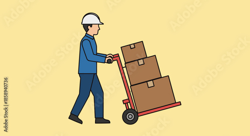 A worker in a hard hat pushes a hand truck loaded with three cardboard boxes.