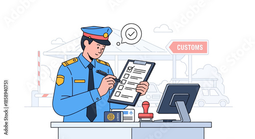 Customs officer in uniform checking documents at a border crossing with a checklist and stamp.