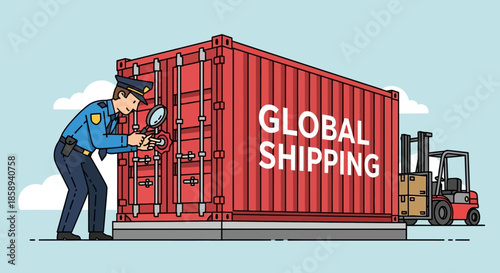 Customs officer inspecting a large red shipping container labeled "GLOBAL SHIPPING" with a forklift in the background.
