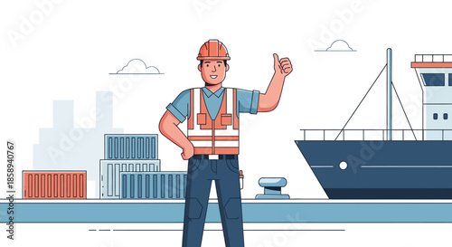 A construction worker in a hard hat and safety vest gives a thumbs up at a busy shipping port with cargo containers and a large ship.