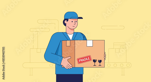 Delivery person holding a fragile package with care, ready for shipment.
