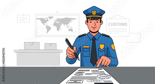 Customs officer in uniform stamping a document at a border control checkpoint with a world map in the background.