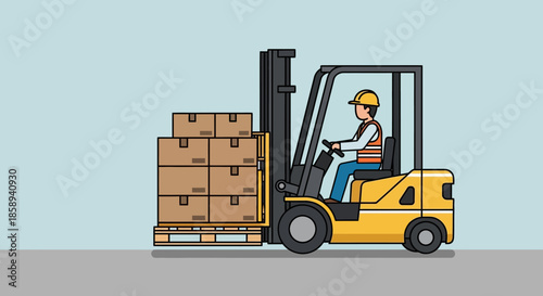 A forklift truck operator wearing a hard hat and safety vest is driving a yellow forklift loaded with stacked cardboard boxes on a pallet.