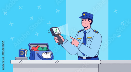 Airport security officer scanning luggage at a checkpoint with a handheld device.