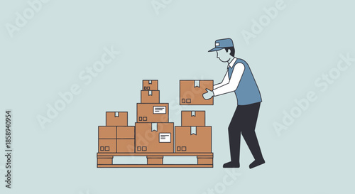 A delivery person carefully places a box onto a stack of packages on a wooden pallet.