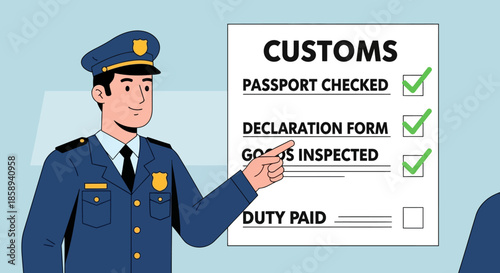 Customs officer pointing at a checklist with passport checked, declaration form, and goods inspected marked as complete.