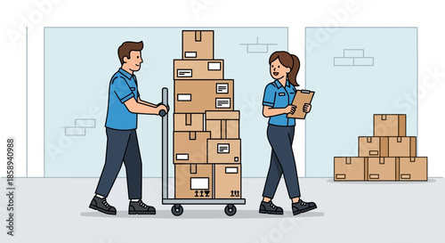 Two warehouse workers, a man and a woman, are moving boxes on a trolley and checking inventory.