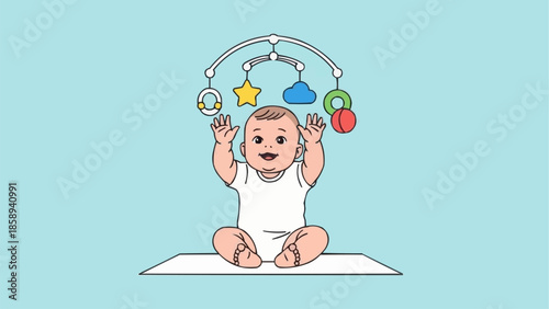 Happy baby playing with a colorful mobile toy overhead.