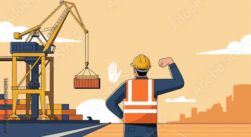 A construction worker in a hard hat and safety vest flexes his arm in front of a large crane lifting a shipping container at a busy port.
