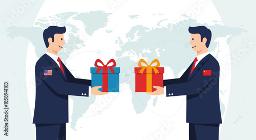 Two businessmen, one representing the USA and the other China, exchange gifts in front of a world map.