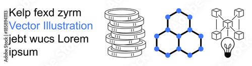 Financial technology, blockchain innovation, cryptocurrency, decentralized networks, ideas, scientific research. Stack of coins, molecular hexagonal structure, blockchain nodes and light bulb