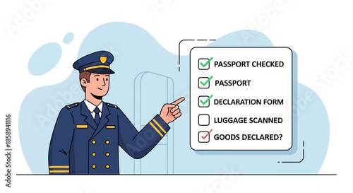 Customs officer pointing at a checklist of travel documents and declarations at border control.