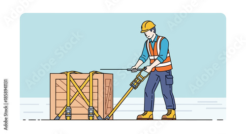 A construction worker in a hard hat and safety vest is using a tool to tighten straps around a large wooden crate.